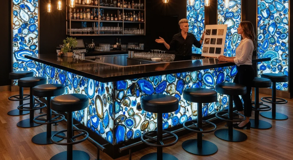 Stunning commercial bar with engineered stone surfaces